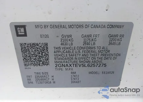 2020 Chevrolet Equinox Awd 2Fl from USA, damaged, VIN 2GNAXTEV5L6257275